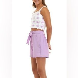 Amy Byer • Granny Square Crochet Top and Shorts Set • Purple & White • Small